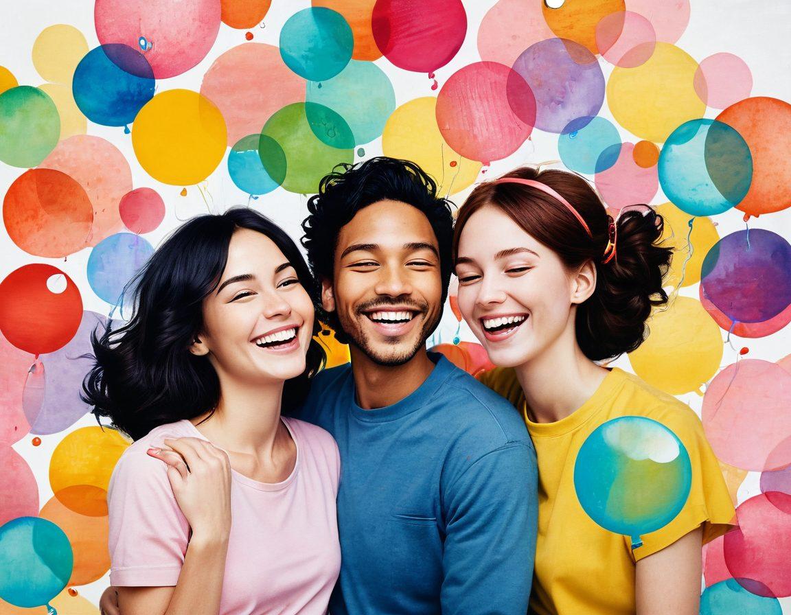 A whimsical collage illustrating the journey of relationships, starting with a vivid depiction of laughter with animated characters, bubbles, and smiley faces, transitioning to warm and romantic scenes of couples sharing intimate moments, surrounded by soft colors and floating hearts. Capture the essence of joy and love in an enchanting style. vibrant colors. whimsical.