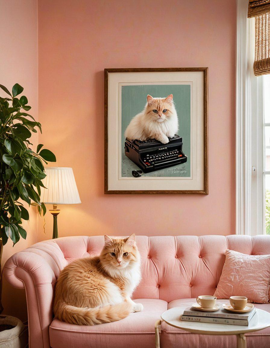A cozy living room scene with a couple watching a romantic movie on a vintage television, surrounded by warm lighting and personal mementos. The walls are adorned with framed quotes about love, and a cat cuddles beside them on the couch. Soft pastel colors dominate the image, creating a nostalgic and heartwarming atmosphere. super-realistic. warm tones. cozy aesthetics.