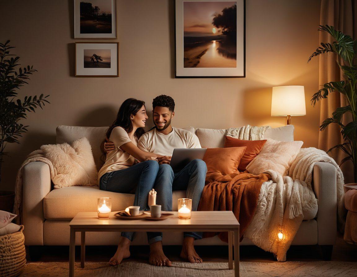 A serene scene depicting a couple sharing a tender moment in a cozy living room, surrounded by soft lighting and warm colors. Include a laptop displaying heartwarming video content, with visual elements hinting at affectionate connections through gestures like holding hands or cuddling. The atmosphere should evoke a sense of intimacy and warmth. super-realistic. warm colors. cozy ambiance.